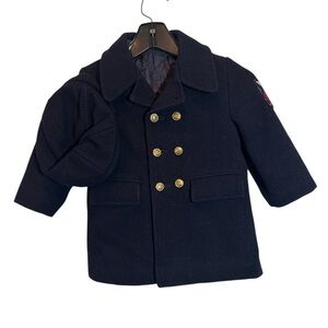 VTG Fieldston Clothes Boys Wool Pea Coat Hat Sailor Navy Insulated Quilted 4T